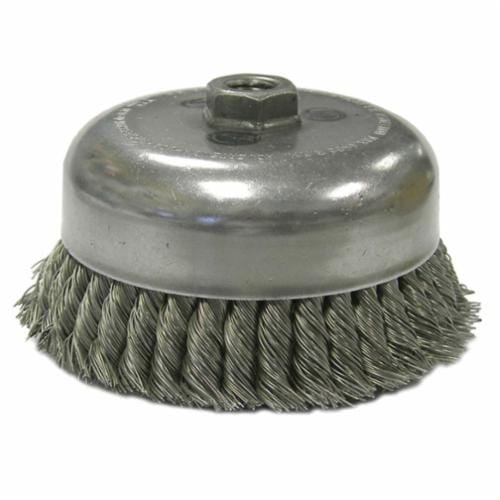 Weiler® 12556 Double Row Heavy Duty Cup Brush, 6 in Dia Brush, 5/8-11 UNC Arbor Hole, 0.023 in Dia Filament/Wire, Standard/Twist Knot, Steel Fill